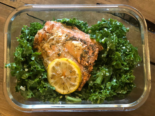HONEY GLAZED GARLIC SALMON & LEMON GARLIC KALE SALAD